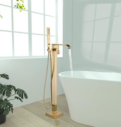 Freestanding Bathtub Faucet Brushed Gold Floor Mount Waterfall Tub Filler High Flow with Hand Shower Solid Brass 360 Degree Swivel Standing Mixer Taps for Bathroom - Lot 630