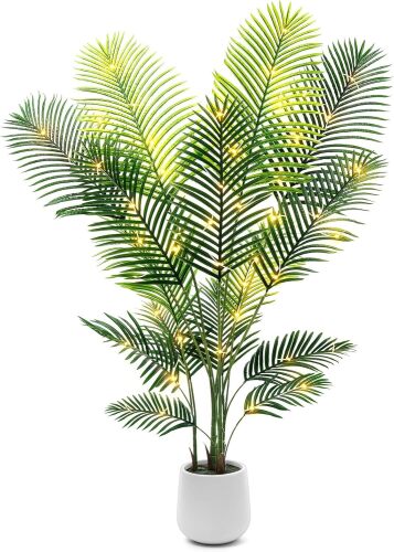 6ft Artificial Palm Tree with LED Fairy Lights & White Planter - Lifelike Faux Tropical Areca Palm Plant with Realistic Trunk & Adjustable Branches for Indoor Home Office Living Room Corner Decor - Lot 650