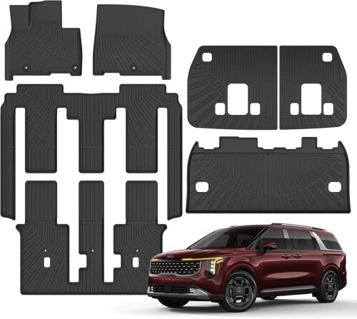 Floor Mats & Cargo Liner & Backrest Mat for Kia Carnival MPV 8 Seats 2022 2023 2024 2025 (Not for Hybrid & Prestige Models) (Not for 2025 EX) (Fits LX w/seat Package, EX and SX) All Weather TPE Liners - Lot 719