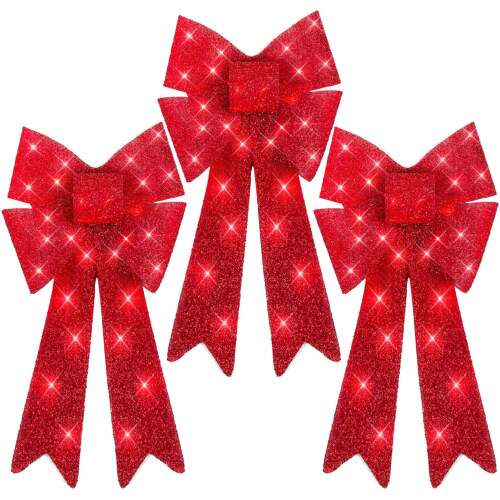 Set of 3 Pre-Lit Christmas Bow Decoration, LED Holiday Decor w/ 8 Functions - Lot 603