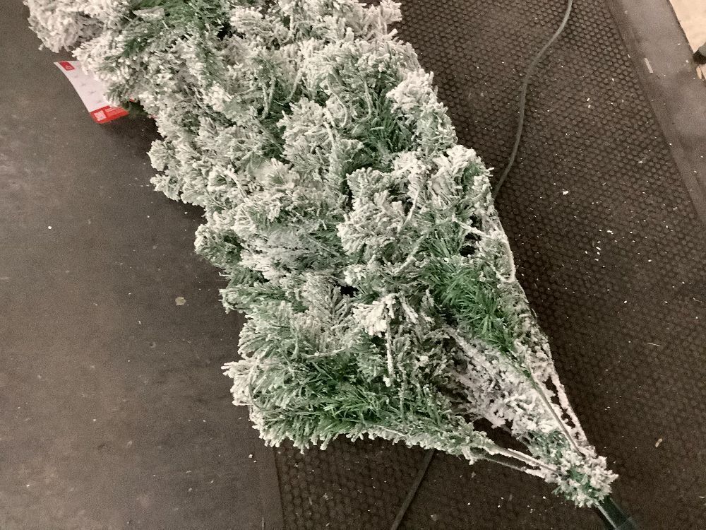 7.5' Pre-Lit Snow Flocked Artificial Pine Christmas Tree w/ Multicolored Lights - Image 4 - Lot 31