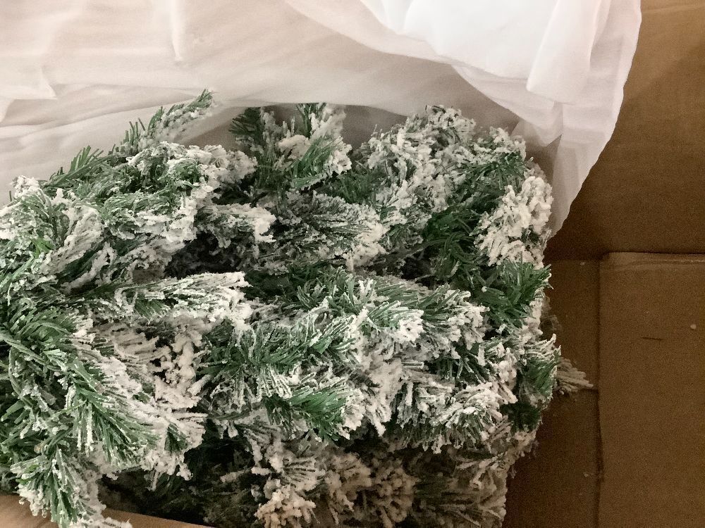 7.5' Pre-Lit Snow Flocked Artificial Pine Christmas Tree w/ Multicolored Lights - Image 6 - Lot 31