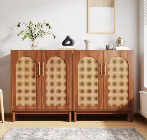 Alan Brown Wood 59 in. Sideboard Buffet Cabinet with Rattan 4-Doors - No Instructions - Lot 92JF