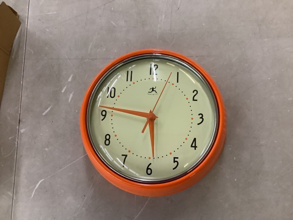 Infinity Instruments 9-1/2 in. Orange Retro Round Metal Wall Clock - Image 2 - Lot 338JF