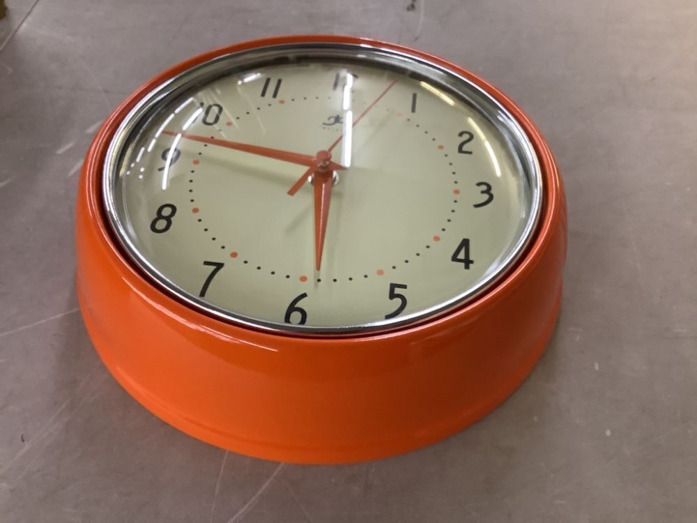 Infinity Instruments 9-1/2 in. Orange Retro Round Metal Wall Clock - Image 3 - Lot 338JF
