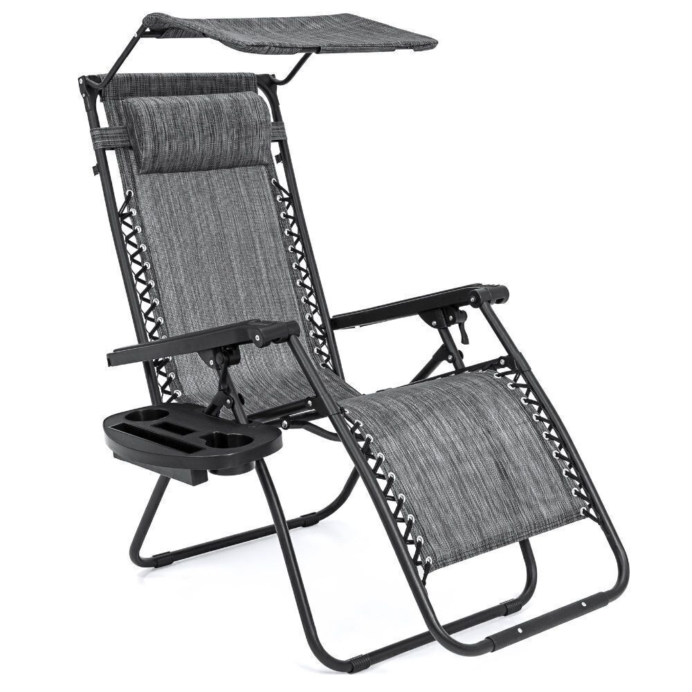 Folding Zero Gravity Recliner Patio Lounge Chair w/ Canopy, Side Tray - Image 1 - Lot 368