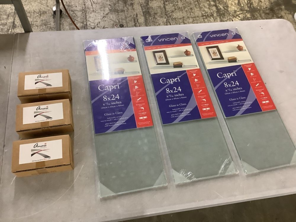 Lot of (3) Capri 24 in. W x 8 in. D Clear Glass with Pelican Brackets Decorative Wall Shelf - Image 2 - Lot 736JF