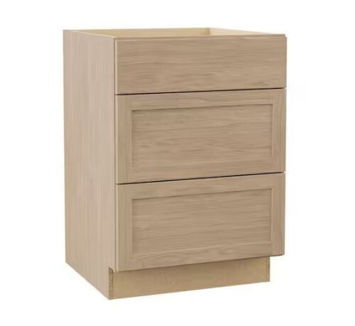 Lot of (2) Hampton Bay Sinclair 24 in. W x 24 in. D x 34.5 in. H Assembled 3 Drawer Base Cabinet in Shaker Light Oak - Lot 87JF