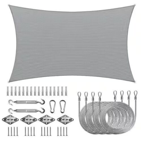 COLOURTREE 12 ft. x 16 ft. 190 GSM Grey Rectangle Sun Shade Sail with Rectangle Installation Kit Plus Cable Wire Ropes - Lot 630JF