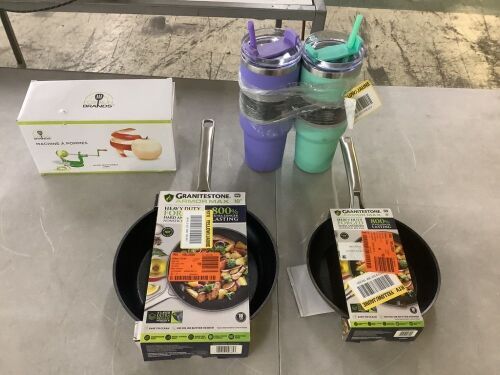 Lot of (2) GraniteStone Skillets, (2) Stainless Steel Tumblers & (1) Apple Peeling Machine - Lot 705JF
