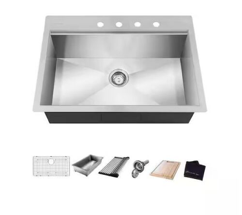 Glacier Bay Zero Radius 30 in. Drop-In Single Bowl 18 Gauge Stainless Steel Kitchen Sink with Accessories - Lot 85JF