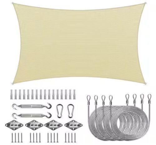 COLOURTREE 10 ft. x 20 ft. 190 GSM Beige Rectangle Sun Shade Sail with Rectangle Installation Kit Plus Cable Wire Ropes - Lot 614JF