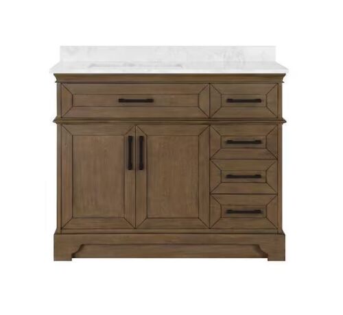 Home Decorators Collection Cherrydale 42 in. Single Sink Almond Latte Bath Vanity with White Engineered Marble Top - Lot 6JF