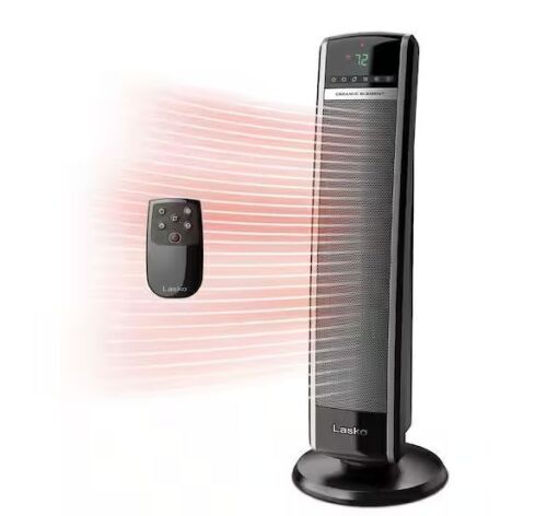 Lasko 1500W 30 in. Black Indoor Electric Tower Forced Air Ceramic Space Heater with Thermostat, 2-Speeds, Timer, and Remote - Lot 301JF