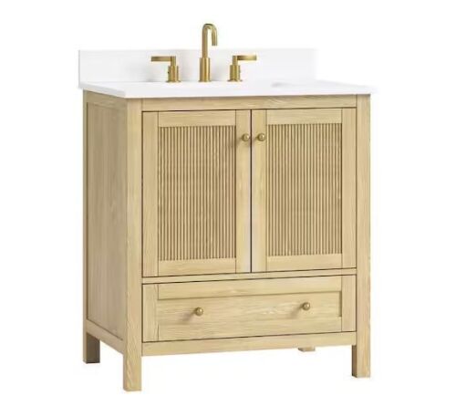 DELUXE DL LIVING Tyler 31 in. Single Sink Freestanding Light Oak Bath Vanity with White Quartz Top and Backsplash - Lot 9JF