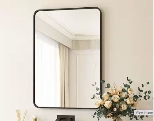 XRAMFY 24 in. W x 36 in. H Rectangular Aluminum Alloy Framed Rounded Black Wall Mirror - Lot 516JF