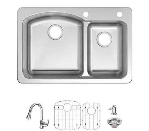 Glacier Bay Bratten 33 in. Drop-In 60/40 Double Bowl 18 Gauge Stainless Steel Kitchen Sink with Pull-Down Faucet - Lot 65JF