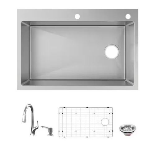 Glacier Bay Dolancourt Tight Radius 33 in. Drop-In Single Bowl 18 Gauge Stainless Steel Kitchen Sink with Pull-Down Faucet - Small Dent - Lot 246JF