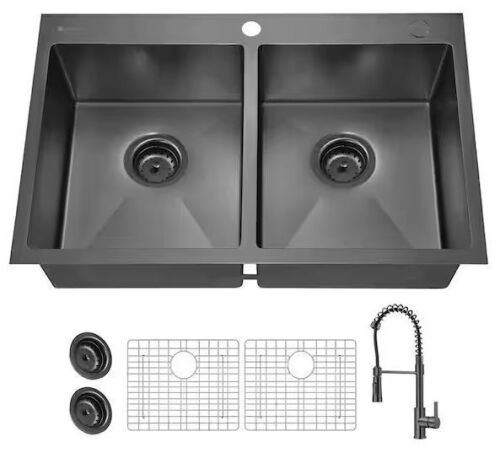 Glacier Bay 33 in. Drop-In Double Bowl 18 Gauge Gunmetal Black Stainless Steel Kitchen Sink with Black Spring Neck Faucet - Dented Bowl - Lot 414JF