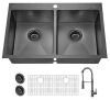 Glacier Bay 33 in. Drop-In Double Bowl 18 Gauge Gunmetal Black Stainless Steel Kitchen Sink with Black Spring Neck Faucet - Dented Bowl - Thumbnail 1