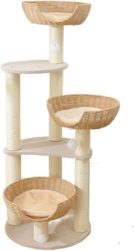 Cat Tree Tower with 3 Large Rattan Wicker Basket Beds - Lot 541