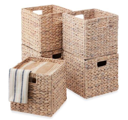 Set of 5 Collapsible Hyacinth Storage Baskets w/ Inserts - 13x13in - Lot 84