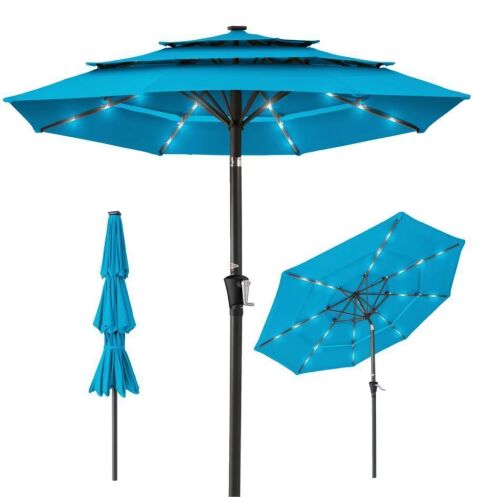 3-Tier Solar Patio Umbrella w/ LED Lights, Tilt Adjustment, Crank - 10ft - Lot 93