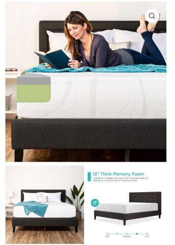 12in Medium-Firm Green Tea & Charcoal Gel Memory Foam Mattress - Lot 97