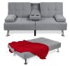 Linen Upholstered Convertible Sofa Bed Futon w/ 2 Cupholders - Thumbnail 1