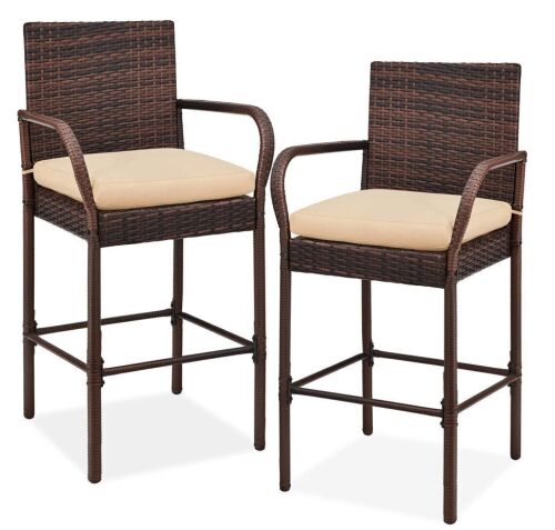 Set of 2 Indoor Outdoor Wicker Bar Stools w/ Cushion, Footrests, Armrests - Lot 100