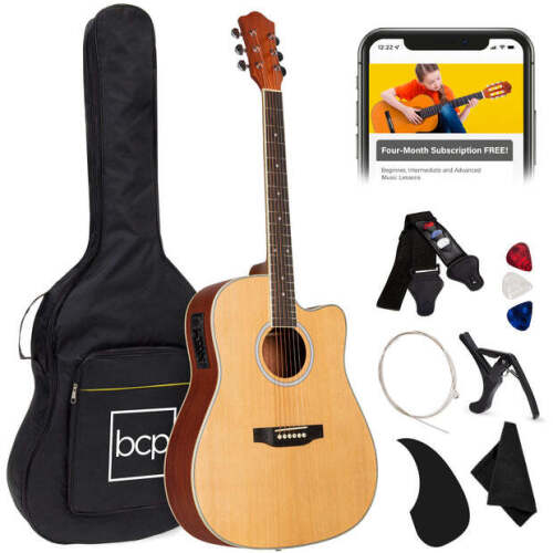 41in Beginner Acoustic Electric Cutaway Guitar Set w/ Case, Strap - Lot 712