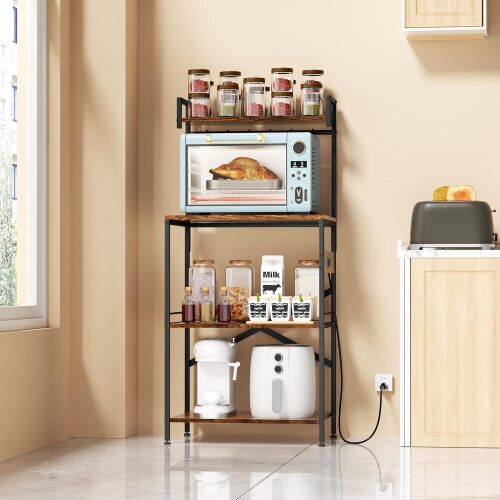 Aetheris Kitchen Bakers Rack with Power Outlet, Small Coffee Bar Cart with 6 Hooks, Freestanding Kitchen Appliance Organizer, Microwave Oven Stand with Storage 4 Tiers, 4 Tiers Coffee Stand - Lot 816