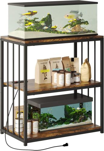 20 Gallon Fish Tank Stand with Power Outlet, Aquarium Stand with Shelf, Metal Reptile Terrarium Tank Stand, 3-Tier Adjustable Storage Shelves - Lot 822