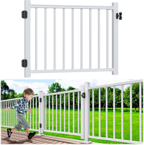4 ft. W Aluminum Deck Gate Kit for 36". H Railing, Cuttable White Textured Powder-Coat Finish Outdoor Gate Kit with Latch and Auto-Closing Hinge for Deck, Patio, Garden, Yard, Porch - Lot 829