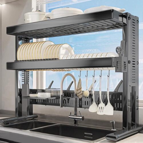 Large Over The Sink Dish Drainer Drying Rack, 2 Tier Large Capacity Stainless Steel Dish Drying Rack Over Sink, Multifunctional Kitchen Organizers and Storage Dish Rack (Black, Double Layer) - Lot 864