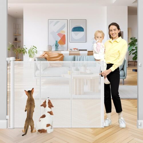 42 Inch Extra Tall Retractable Baby Gates with Reinforced Strips 55 Inch Wide Outdoor Retractable Dog Gate No Sag Extra Tall Baby Gate for Doorway Anti-Scratch Mesh Gates for Kids or Pets, White - Lot 868