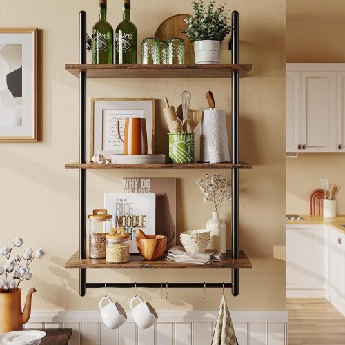Bestier 3 Tier Industrial Pipe Shelving, Floating Kitchen Shelves for Wall, Storage Coffee Bar Hanging Shelves with Towel Bar for Kitchen Living Room Bathroom Organizer Bedroom - Lot 891