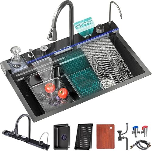 Kitchen Sink Whale Digital Waterfall Sink with cup washer, soap dispenser, Flying Rain Waterfall Dispenser, Counter Controls, etc Workstation Kitchen Sink - Lot 9913