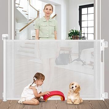 No Bottom Bar Baby Gate for Stairs, 34-55” Adjustable Baby Gate with Large Walk Thru Door, Mesh Dog Gate Indoor/Outdoor, Dual Openings Child Safety Gate for Doorways - Lot 511