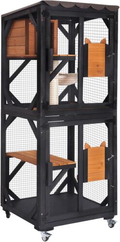 Aivituvin Cat House Window Catio Outdoor Cat Enclosure Mobile Kitty Shelter on Wheels Pet Cage with Resting Box,Hammocks,Waterproof Cover - Lot 879