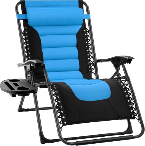 Oversized Padded Zero Gravity Chair, Folding Outdoor Patio Recliner, XL Anti Gravity Lounger for Backyard w/Headrest, Cup Holder, Side Tray, Polyester Mesh - Lot 899