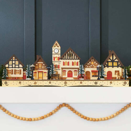Pre-Lit Wooden Christmas Village, Winter Mantel Decor w/ 20 LED Lights - Lot 913