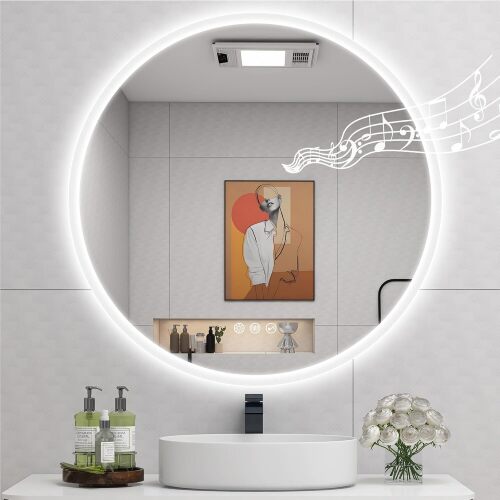 32" LED-Bathroom-Mirror-with-Lights, Wall-Mounted with Bluetooth Speaker, Anti-Fog, 3 Color Temperature, Dimmable Brightness, IP65 Waterproof, Tempered Glass, Frontlit & Backlit, Round - Lot 954