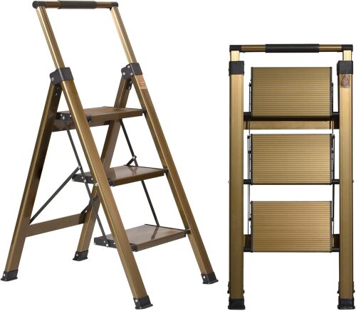 XinSunho 3 Step Ladder, Aluminum 3 Step Stool with Retractable Handrail and Anti-Slip Wide Pedal, Folding Stool Ladders 3 Steps, 330lbs Safety Household Slim Ladder - Lot 1100