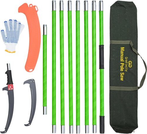 27FT Manual Pole Saw, Tree Branch Trimmer with 8-Section Fiberglass Handle, Sharp Steel Blade, Lightweight Extendable Design for High Branch Trimming, Ideal for Palms and Shrubs - Lot 1130