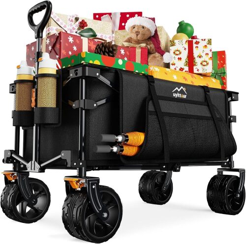 Collapsible Wagon Cart Heavy Duty Foldable, Folding Beach Wagon with Big Wheels for Sand, Utility Grocery Cart with Side Pocket and Brakes for Camping Sports Outdoor Activities, Black - Lot 1185