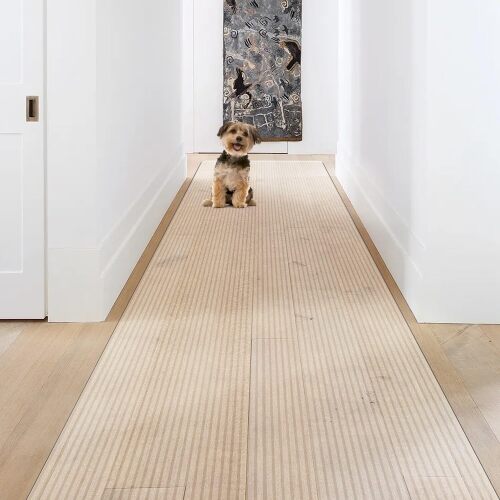 SALLOUS Vinyl Runner Rug, 3'x10' Waterproof Runner Mat for Hallway, Non-Slip Hard Floor Protector for Kitchen, Laundry, Living Room, Cutable Plastic Floor Mat for Outdoor and Indoor (Clear-Striped) - Lot 1106