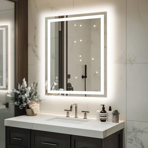 Bathroom Mirror with Lights, Dimmable, Double Lights, Backlit + Front Lit, 3 Colors Led Mirror for Bathroom, Lighted Bathroom Vanity Mirror, Tempered Glass - Lot 1116