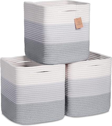 NaturalCozy Storage Cubes 11 Inch Cotton Rope Woven Baskets for Organizing, 3-Pack | Cube Storage Bin | Square Storage Baskets for Shelves Organizer, Classroom, Kids Toy Bins, Closet, Baby Nursery - Lot 1163
