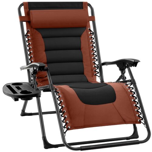 Oversized Padded Zero Gravity Chair, Folding Outdoor Patio Recliner, XL Anti Gravity Lounger for Backyard w/Headrest, Cup Holder, Side Tray, Polyester Mesh - Lot 1109